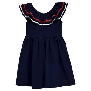 Janie and Jack Girls Navy Blue Dress Sz 6 Flutter Sleeve Ric Rac Trim